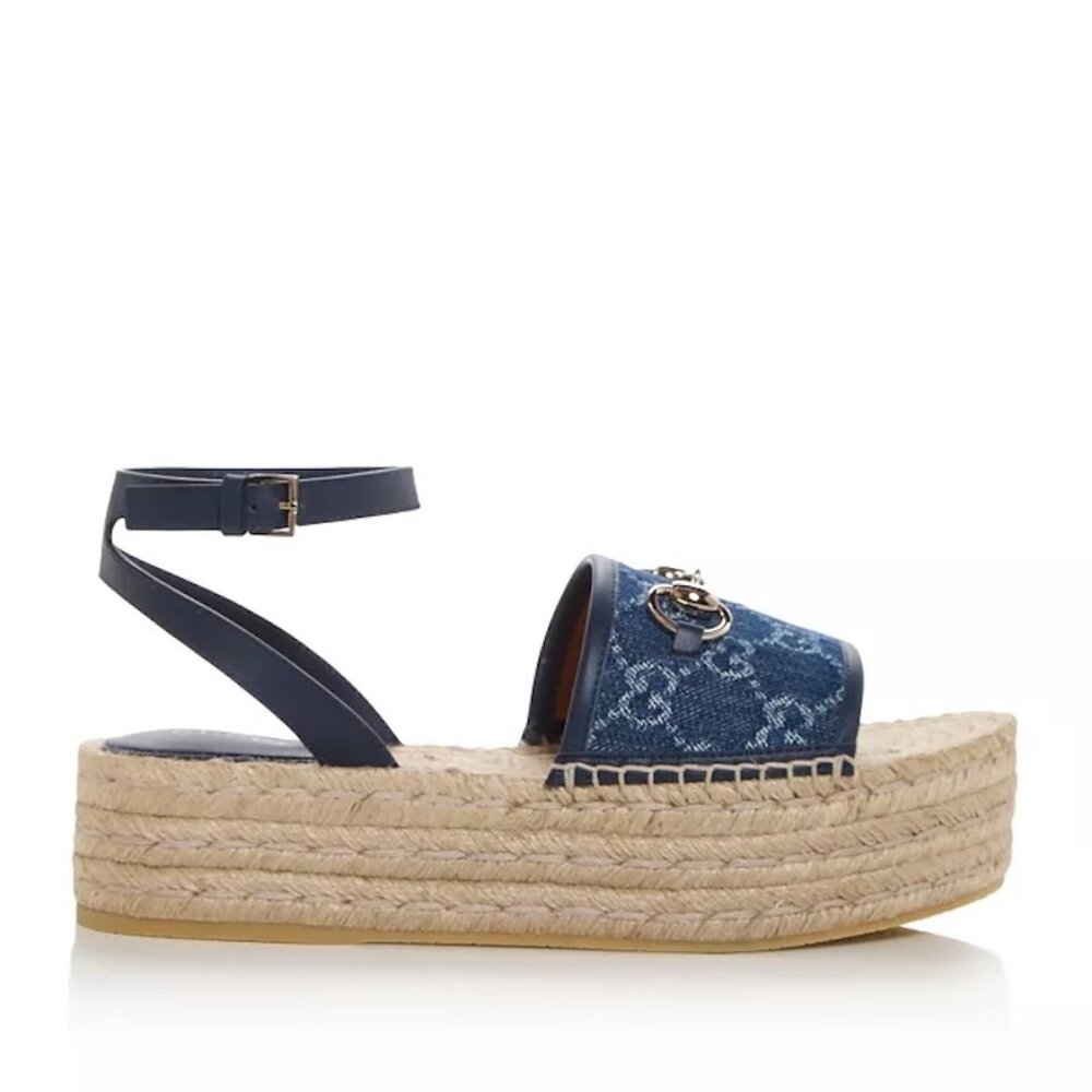 Gucci Paloma Horsebit GG Platform Espadrille Wedge Heel Ankle Strap Sandals